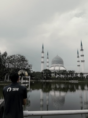 A person wearing a shirt with the word 'TAIM' stands near a fence overlooking a reflective body of water. Across the water, a large mosque with four tall minarets and a distinctive blue and white dome is surrounded by trees under a cloudy sky.