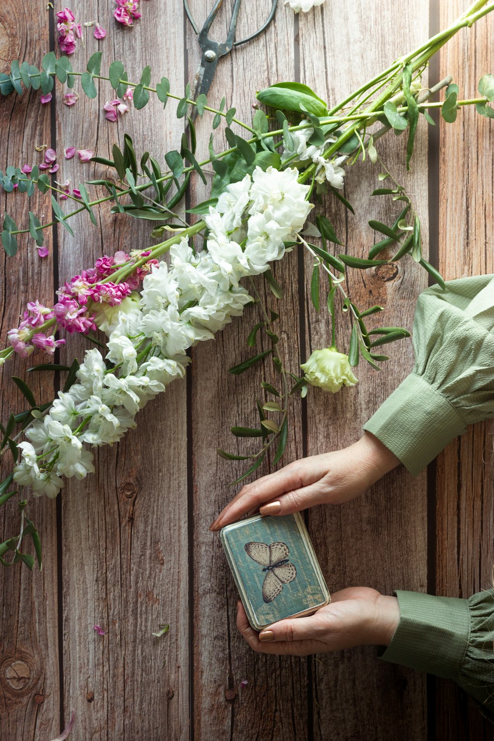 person holding white and purple flowers