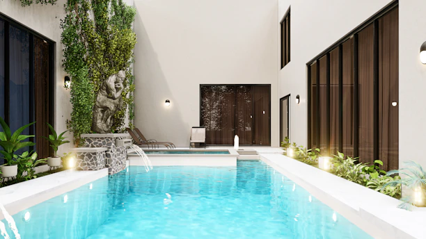 swimming pool near green trees during daytime