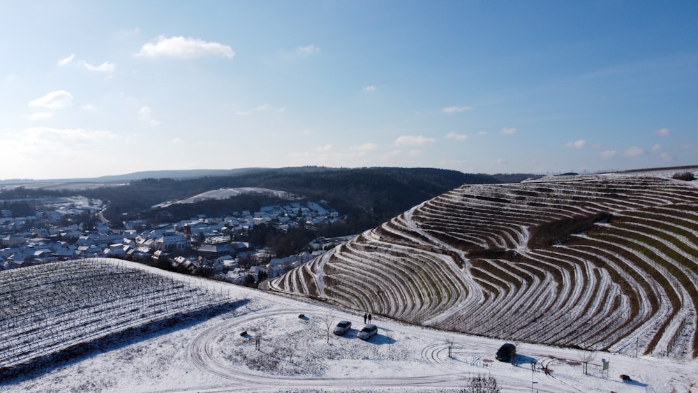 aerial view of a snow covered field during daytime