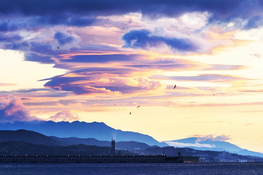 birds flying over the city during sunset