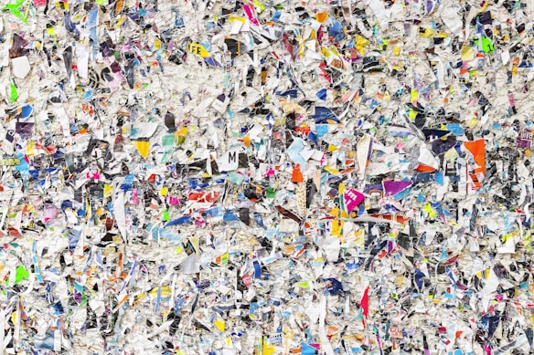 A chaotic and colorful mixture of torn paper pieces with various text, images, and colors scattered densely throughout. The image is a collage that creates a textured and vibrant appearance, making it difficult to focus on any single piece. The torn papers overlap and intersect, offering a visual representation of randomness and disorder.