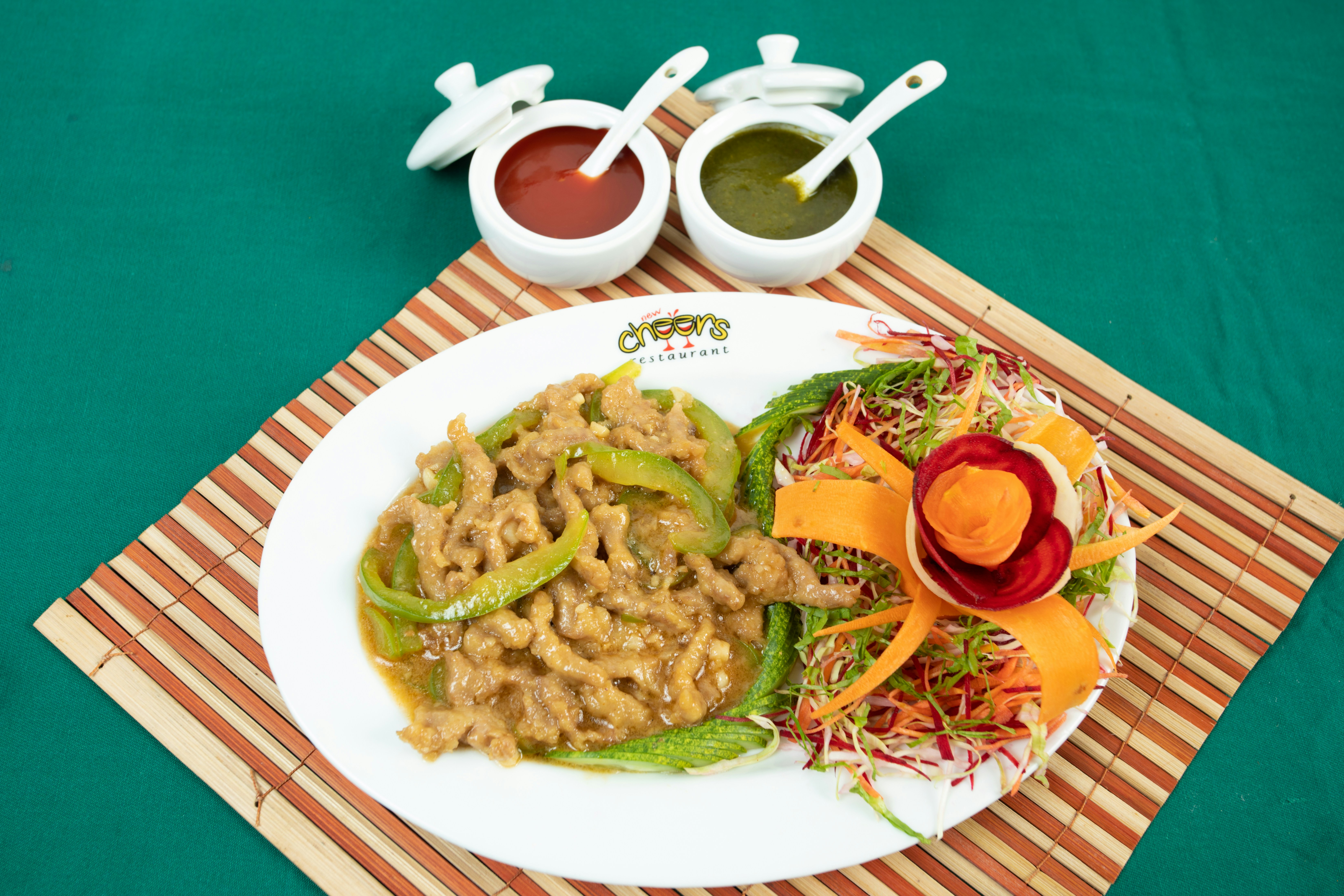 cooked food on white and blue plate