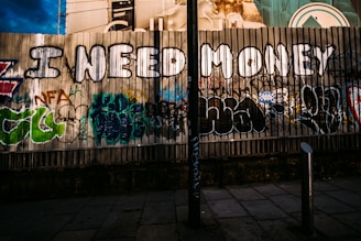 A corrugated metal fence is covered in graffiti, with the most prominent words being 'I NEED MONEY' in bold white letters outlined in black. Various colorful tags and messages in shades of green, blue, and black surround the main text. A dark vertical pole divides the image in the center, and a small blue and white sign is visible on the right.