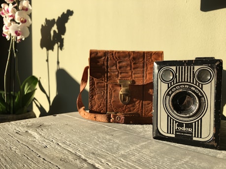 A vintage camera with the label 'Fodor-Box' sits on a rustic wooden surface next to a brown leather bag. To the left, vibrant orchids cast a dramatic shadow against a light green wall, creating a nostalgic and serene ambiance.