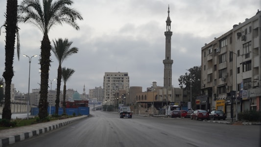 An urban street scene with tall palm trees lining the road and a prominent mosque minaret visible in the background. The street is relatively empty with a few parked cars and buildings on either side. The sky is overcast, suggesting a subdued atmosphere.