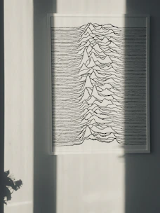 Minimalist line art of a mountain range in black and white, framed in a thin wood frame, hanging above a modern console table.