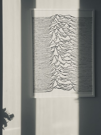 A framed artwork is displayed on a wall. The image features a series of black lines forming mountain-like wave patterns against a white background. A shadow falls across the wall, partially obscuring the artwork, and a small plant is visible at the bottom left corner.