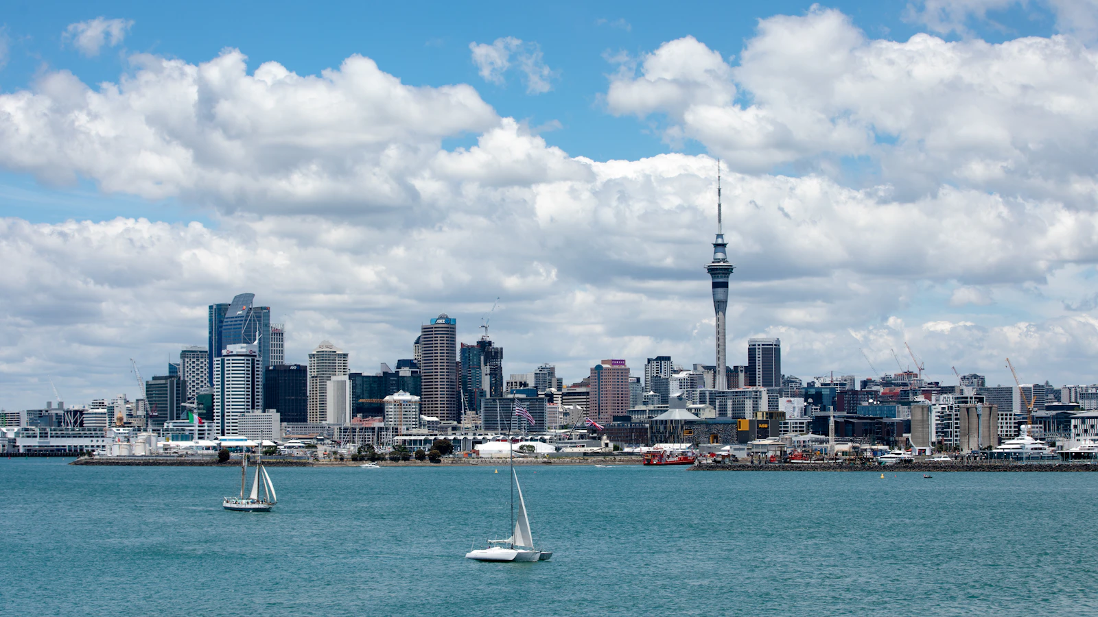 A yacht on the harbour with the Sky Tower behind, Auckland