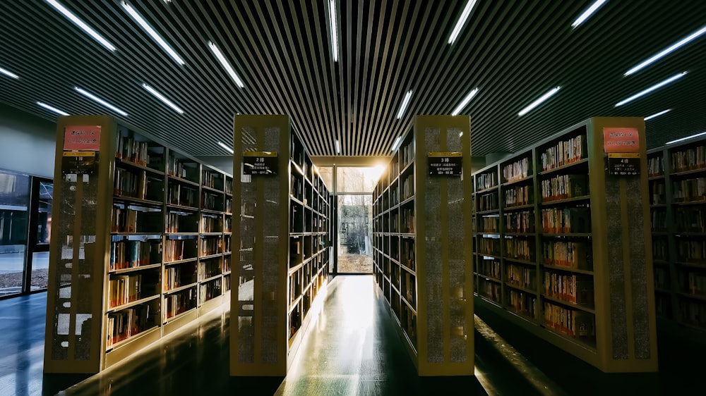 brown wooden book shelf in library