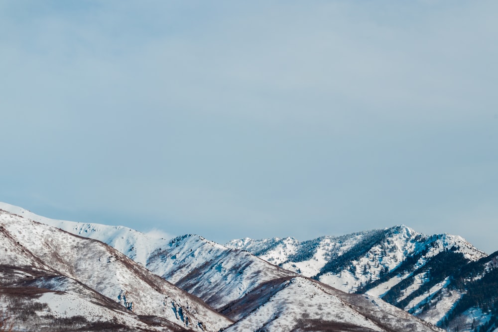 昼間の白い空の下に雪に覆われた山々