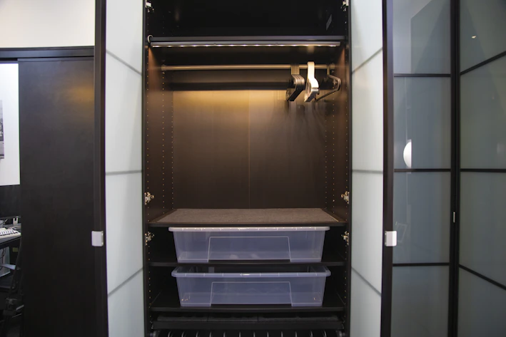 A sleek modern wardrobe with clean lines and ample storage space