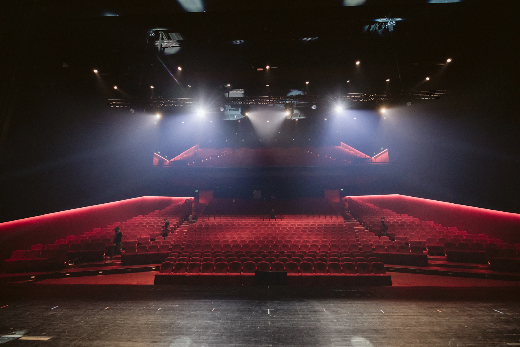 Concert stage with red and blue lighting