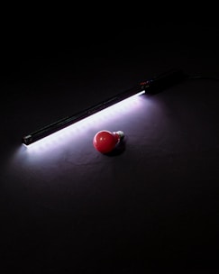 A red light bulb lies on a dark surface beside a strip of bright white LED lights. The LED lights cast a soft glow around them, creating a contrast between the bright light and the darkness of the background.