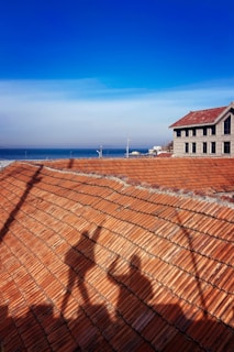 A rooftop with red shingles casting the shadow of a Ferris wheel in the foreground. A building with a gable roof stands to the right, with windows reflecting daylight. The background features a clear blue sky and a distant view of the sea.