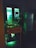 A dimly lit room with a fluorescent green glow coming from a double door. A plant with long leaves is positioned in front of the door. A small cart with a transparent top holds a bottle and a plastic container, while two large bottles are stored in its open shelves. A refrigerator is visible in the corner with papers attached to its front.