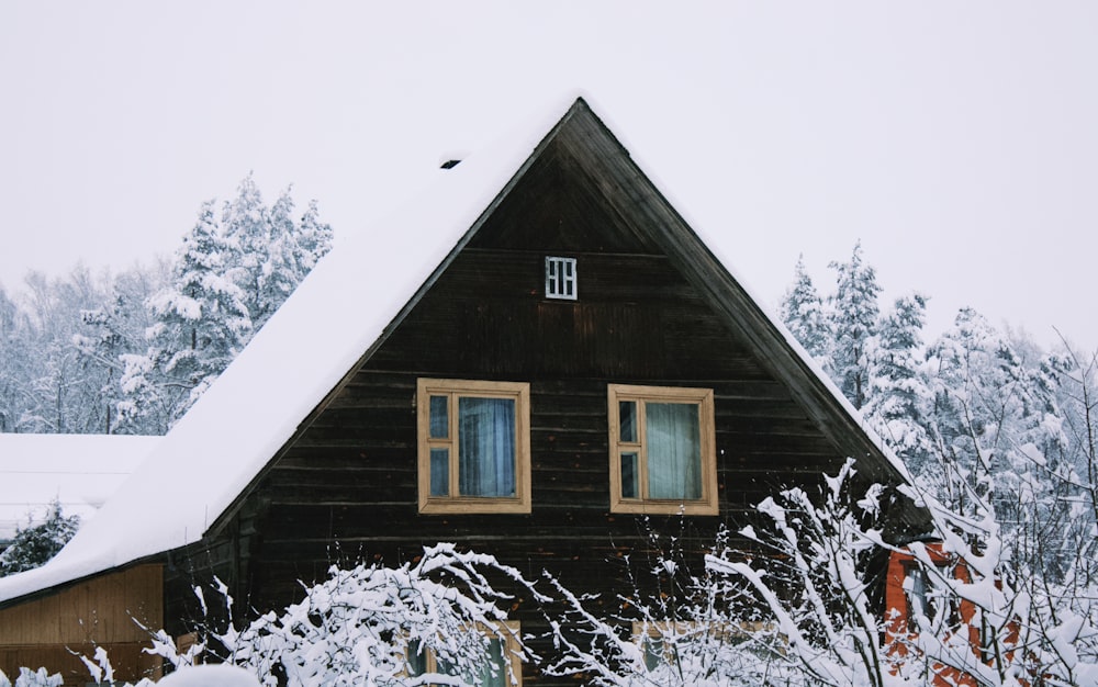 brown wooden house covered with snow