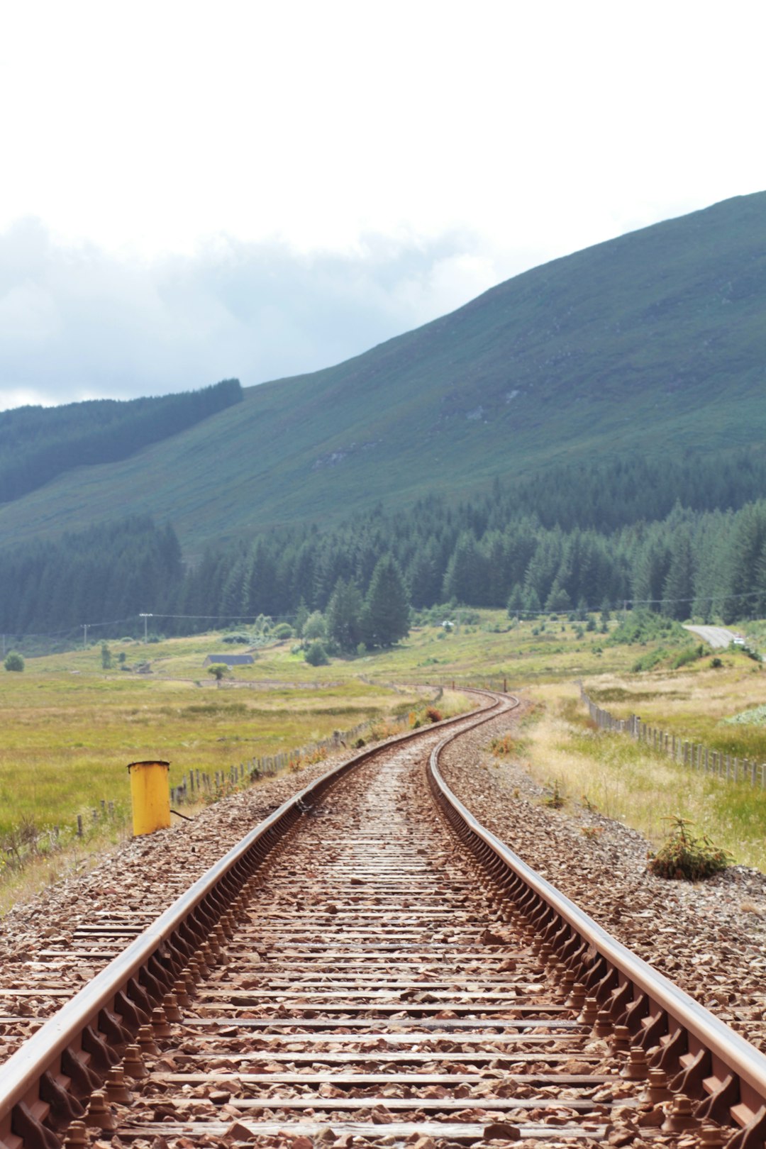 brown train rail near green mountain during daytime