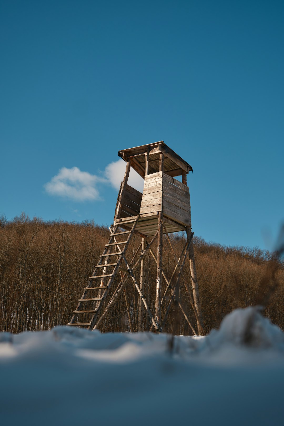 brown wooden tower on snow covered ground during daytime