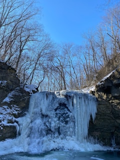 A frozen waterfall sparkling under the pale winter sun with icicles glistening.