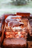 An outdoor barbecue featuring various steak cuts.