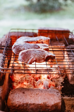 Close-up of premium raw meats ready to grill over glowing embers on rustic wooden background