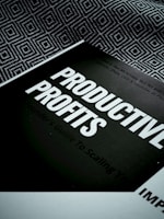 A book titled 'Productive Profits' is placed on a surface with a geometric patterned background. The cover is mostly dark with bold, white text capturing the main title. Additional text is visible but less prominent, suggesting a focus on scaling or business strategies.