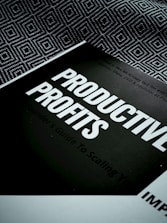 A book titled 'Productive Profits' is placed on a surface with a geometric patterned background. The cover is mostly dark with bold, white text capturing the main title. Additional text is visible but less prominent, suggesting a focus on scaling or business strategies.