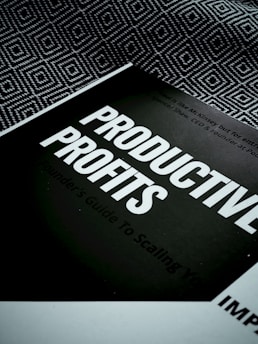 A book titled 'Productive Profits' is placed on a surface with a geometric patterned background. The cover is mostly dark with bold, white text capturing the main title. Additional text is visible but less prominent, suggesting a focus on scaling or business strategies.