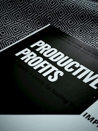 A book titled 'Productive Profits' is placed on a surface with a geometric patterned background. The cover is mostly dark with bold, white text capturing the main title. Additional text is visible but less prominent, suggesting a focus on scaling or business strategies.