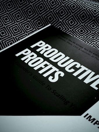 A book titled 'Productive Profits' is placed on a surface with a geometric patterned background. The cover is mostly dark with bold, white text capturing the main title. Additional text is visible but less prominent, suggesting a focus on scaling or business strategies.