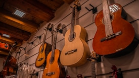 Several classical guitars hang on a display wall, with acoustic bodies made from light and dark wood. The setting appears to be a music store with a wooden ceiling and other musical instruments visible on the sides.