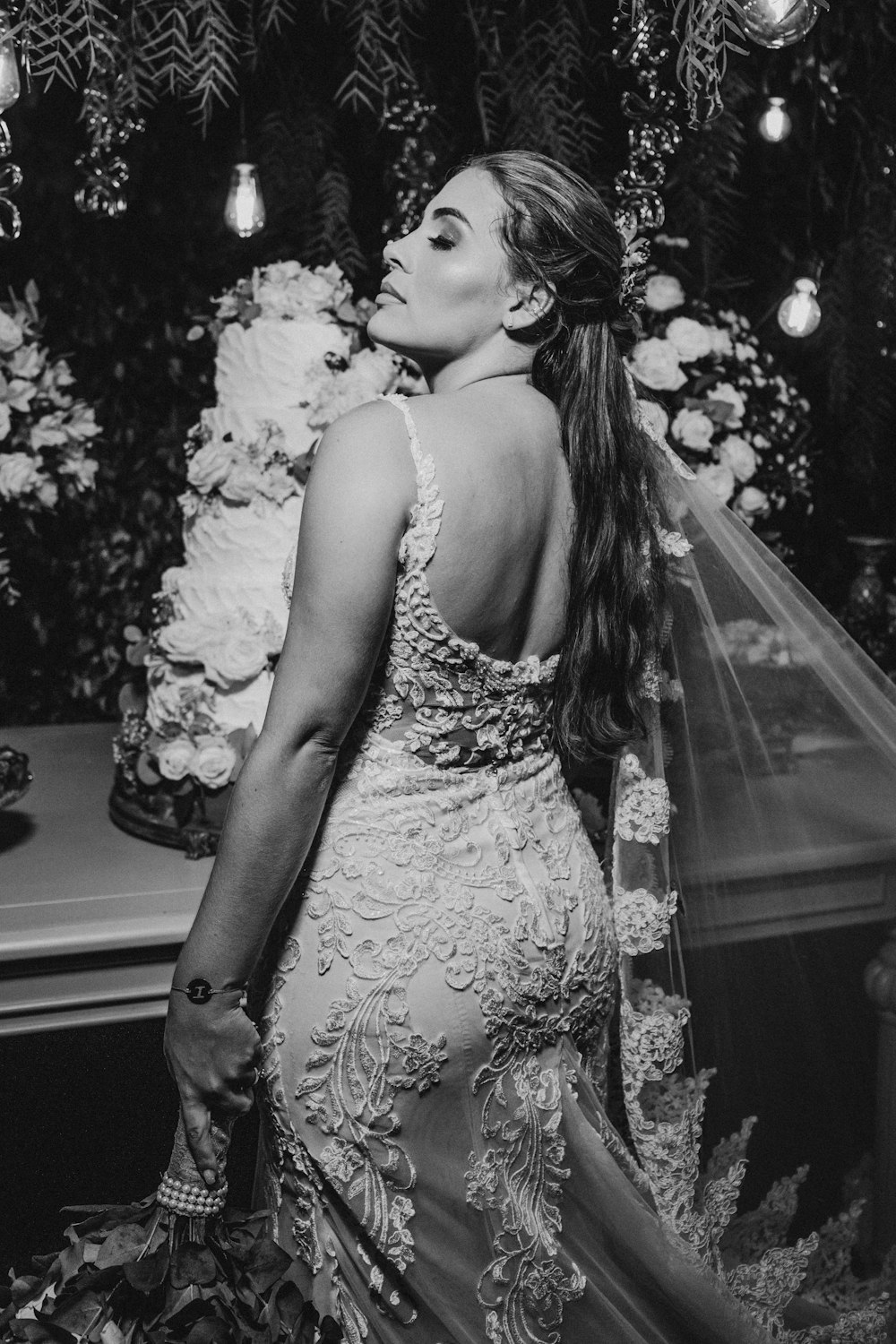 grayscale photo of woman in floral dress