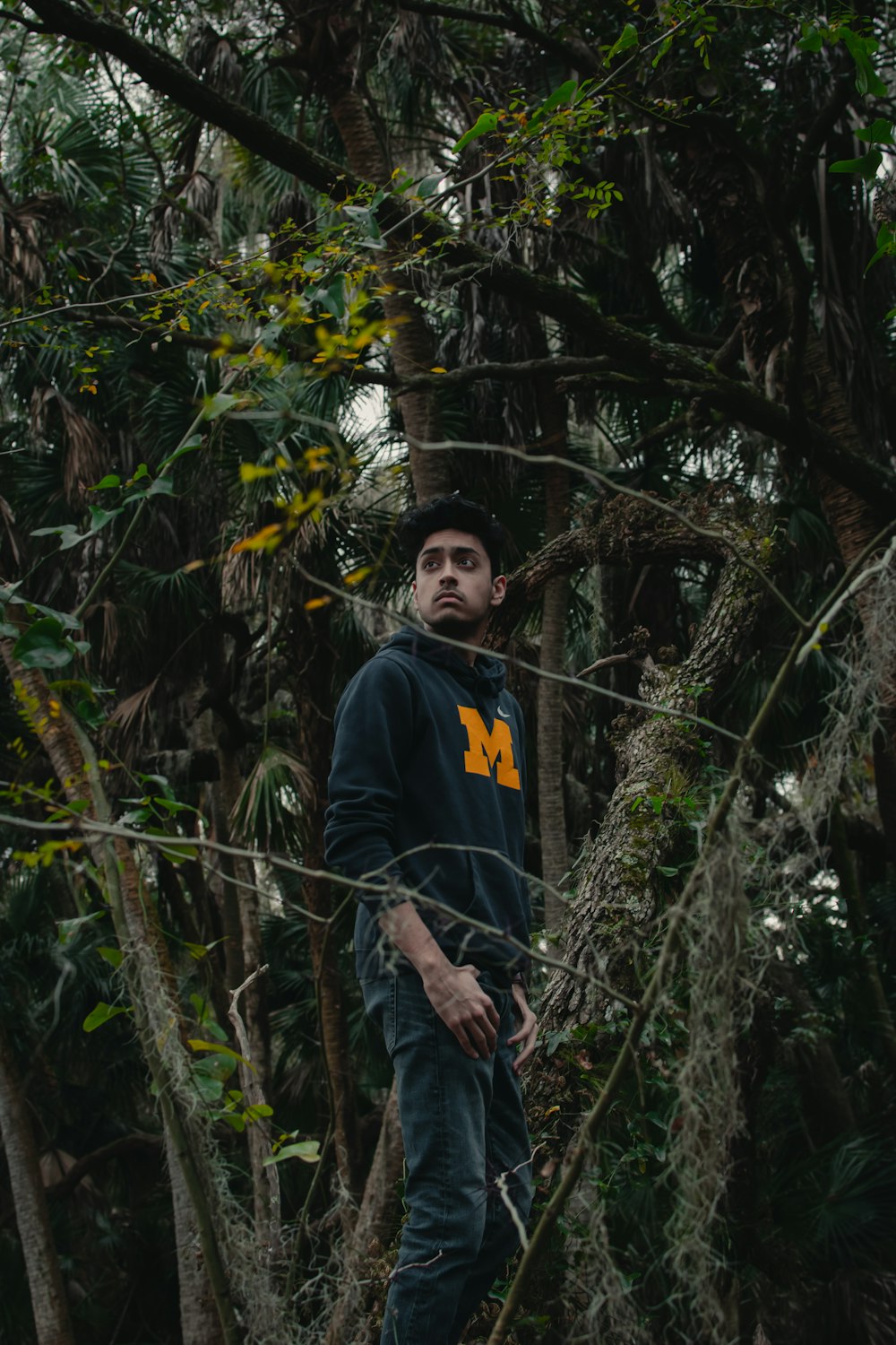 man in black jacket standing near brown tree