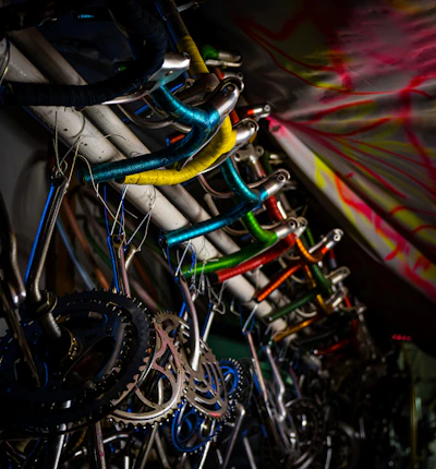 A close-up of colorful bicycle accessories neatly displayed on shelves.