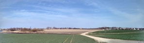 A panoramic view of the farm with fields and livestock.