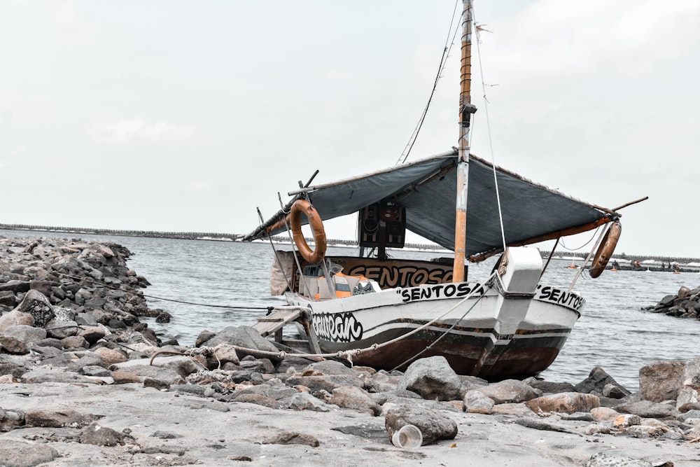 Barco blanco y marrón en la orilla del mar durante el día