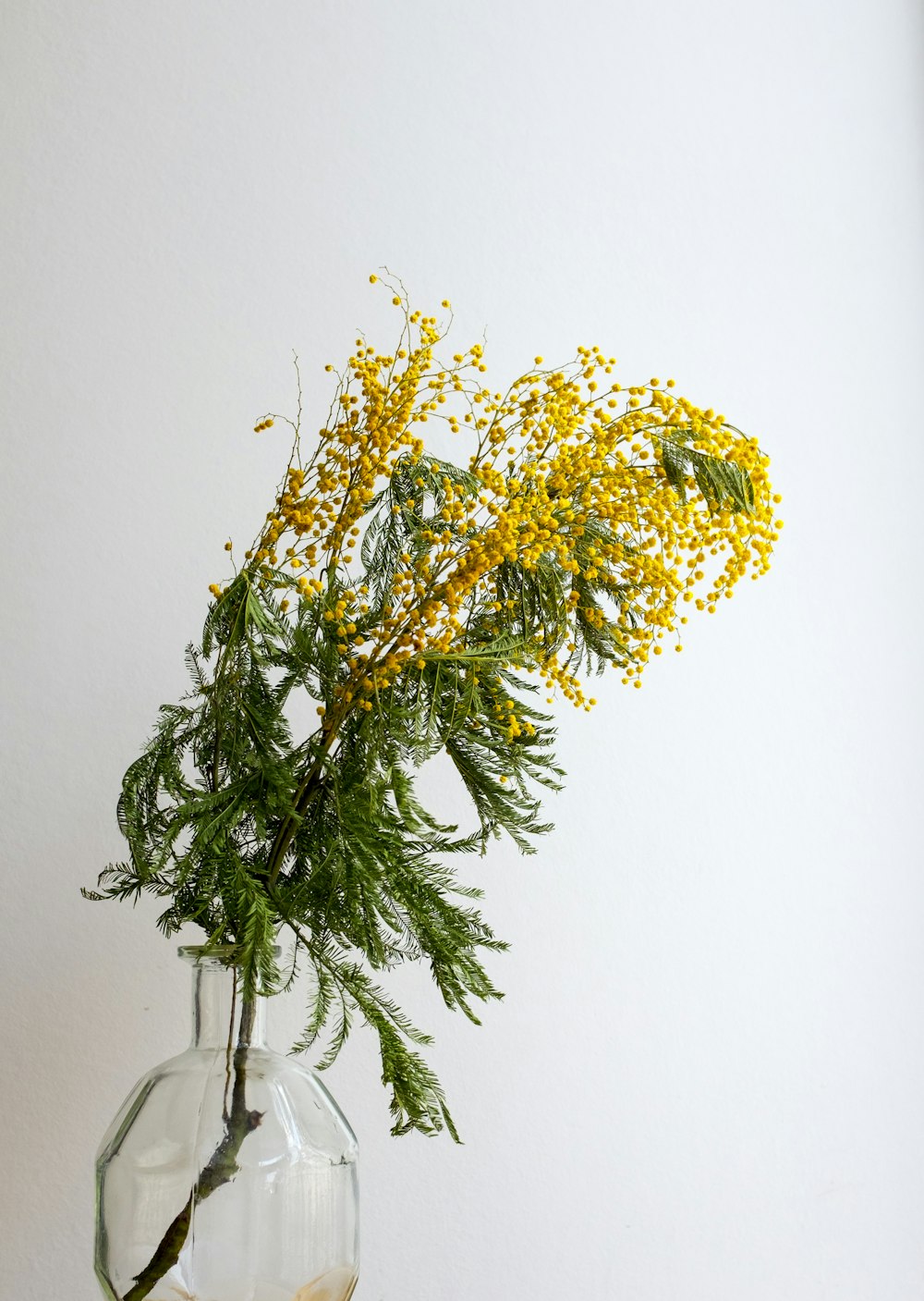 Gelbe Blumen in klarer Glasvase