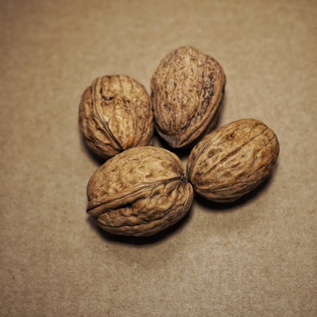 Four whole walnuts arranged on a plain, textured surface. The walnuts have a hard, rough shell with a natural brown color.