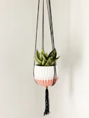 Balcony space with hanging planters and handcrafted macrame details.