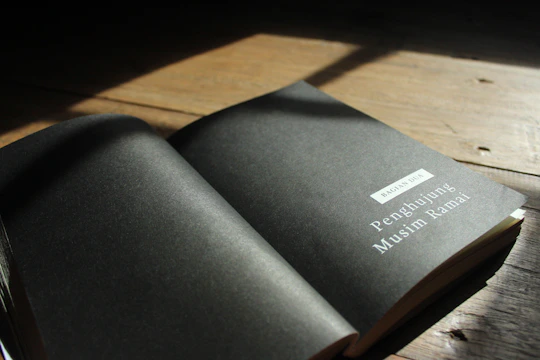 An open book lies on a wooden surface, with sunlight casting shadows over the pages. The book features a simple text design on a dark background, with light-colored text highlighting the title.