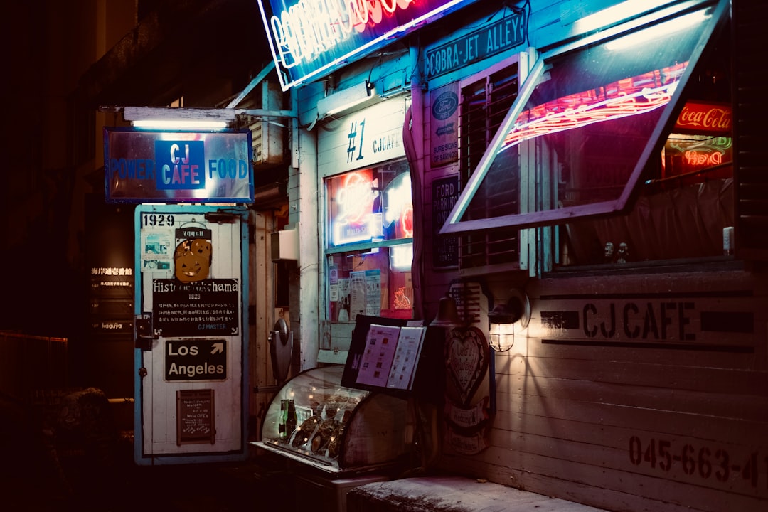 blue and white store signage