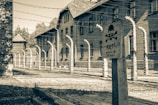 A yard enclosed with barbed wire and brick buildings in the background, featuring a sign with a skull and crossbones warning.