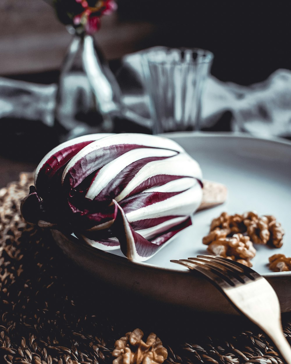 white and red striped round ceramic plate