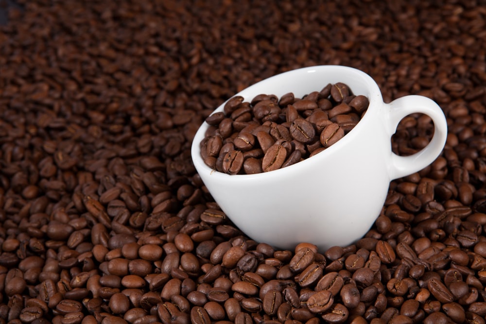 white ceramic cup on brown coffee beans