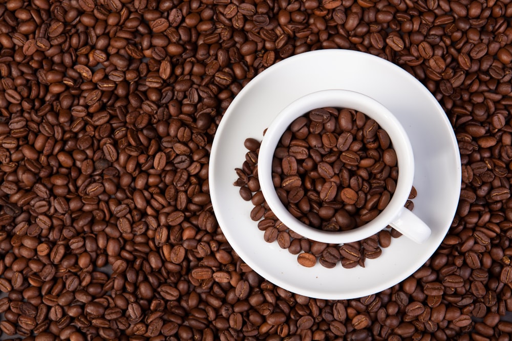 brown coffee beans on white ceramic mug