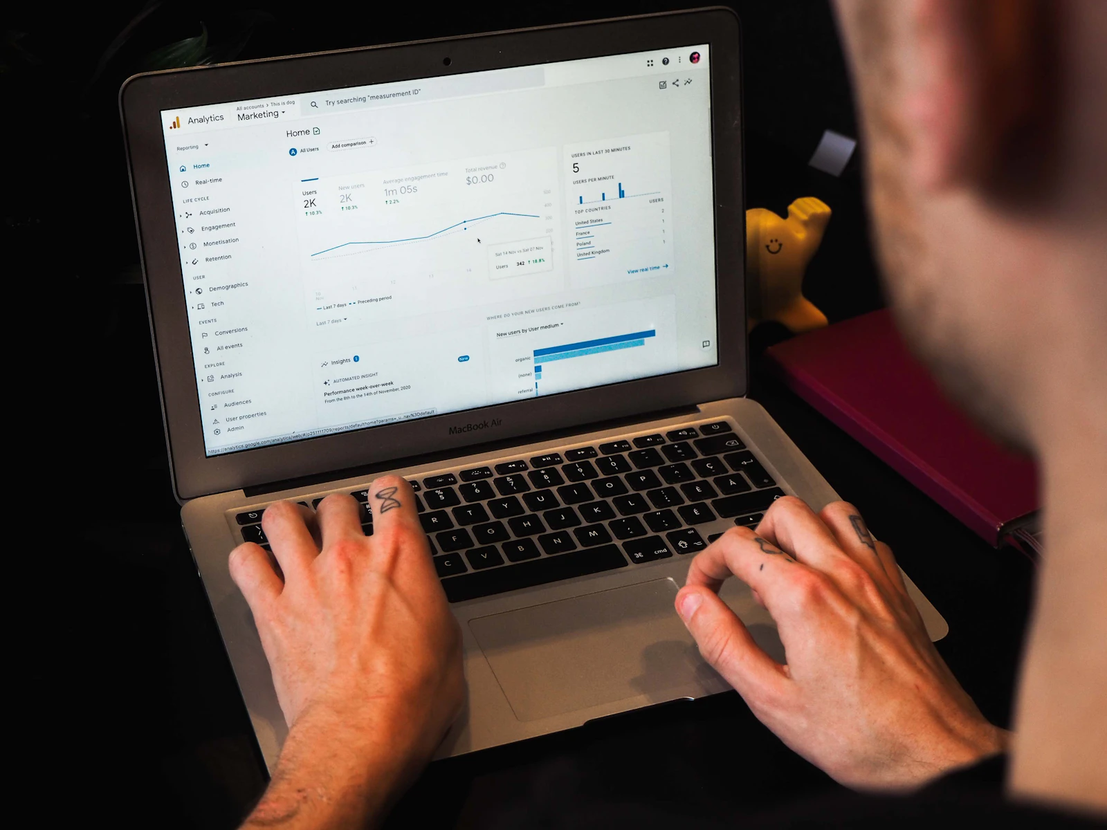 Person using macbook pro on black table