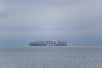 A large cargo ship loaded with containers sailing on calm ocean waters.