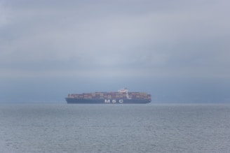 A cargo ship loaded with containers sailing across a calm sea.