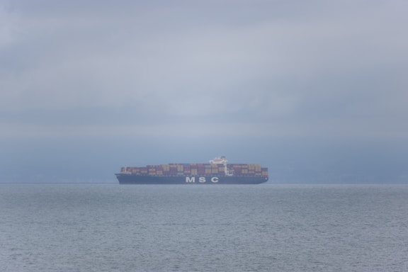 A sleek cargo ship loaded with containers sailing across a calm ocean under a clear sky.